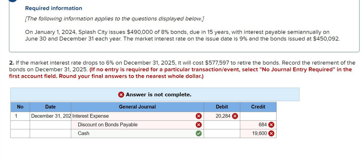 Required information
[The following information applies to the questions displayed below.]
On January 1, 2024, Splash City issues $490,000 of 8% bonds, due in 15 years, with interest payable semiannually on
June 30 and December 31 each year. The market interest rate on the issue date is 9% and the bonds issued at $450,092.
2. If the market interest rate drops to 6% on December 31, 2025, it will cost $577,597 to retire the bonds. Record the retirement of the
bonds on December 31, 2025. (If no entry is required for a particular transaction/event, select "No Journal Entry Required" in the
first account field. Round your final answers to the nearest whole dollar.)
No
1
Answer is not complete.
General Journal
Debit
Credit
20,284 X
Date
December 31, 202 Interest Expense
Discount on Bonds Payable
Cash
684x
19,600 x