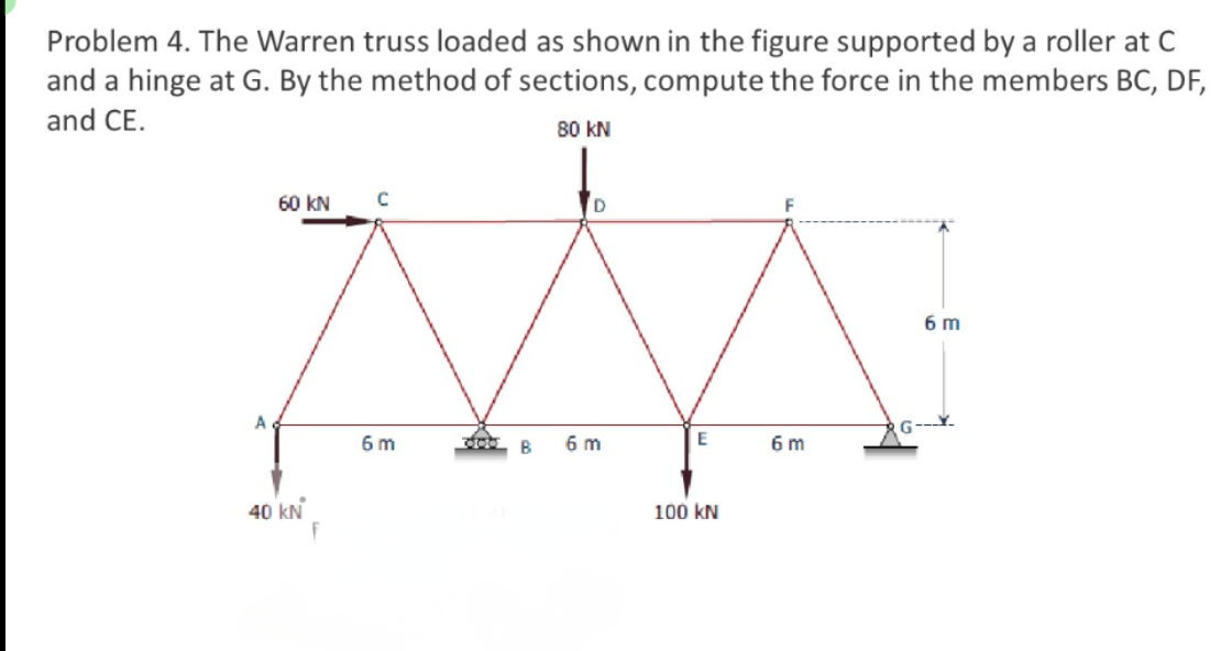 Problem 4. The Warren truss loaded as shown in the figure supported by a roller at C
and a hinge at G. By the method of sections, compute the force in the members BC, DF,
and CE.
80 KN
D
MA
E
6 m
B
A
60 KN с
40 kN
6m
100 kN
6m
6 m
