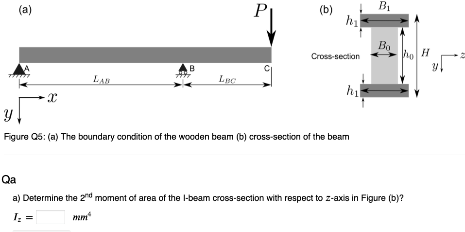 (a)
→ X
LAB
B
LBC
P
(b)
hi
Cross-section
hi
Y
Figure Q5: (a) The boundary condition of the wooden beam (b) cross-section of the beam
B₁
Во
ho
Qa
a) Determine the 2nd moment of area of the I-beam cross-section with respect to z-axis in Figure (b)?
Iz =
mmª
H
Y↓