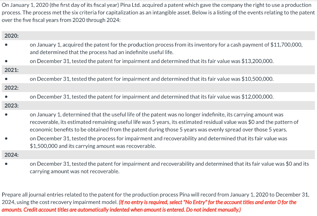 On January 1, 2020 (the first day of its fiscal year) Pina Ltd. acquired a patent which gave the company the right to use a production
process. The process met the six criteria for capitalization as an intangible asset. Below is a listing of the events relating to the patent
over the five fiscal years from 2020 through 2024:
2020:
on January 1, acquired the patent for the production process from its inventory for a cash payment of $11,700,000,
and determined that the process had an indefinite useful life.
on December 31, tested the patent for impairment and determined that its fair value was $13,200,000.
2021:
on December 31, tested the patent for impairment and determined that its fair value was $10,500,000.
2022:
on December 31, tested the patent for impairment and determined that its fair value was $12,000,000.
2023:
on January 1, determined that the useful life of the patent was no longer indefinite, its carrying amount was
recoverable, its estimated remaining useful life was 5 years, its estimated residual value was $0 and the pattern of
economic benefits to be obtained from the patent during those 5 years was evenly spread over those 5 years.
on December 31, tested the process for impairment and recoverability and determined that its fair value was
$1,500,000 and its carrying amount was recoverable.
2024:
on December 31, tested the patent for impairment and recoverability and determined that its fair value was $0 and its
carrying amount was not recoverable.
Prepare all journal entries related to the patent for the production process Pina will record from January 1, 2020 to December 31,
2024, using the cost recovery impairment model. (If no entry is required, select "No Entry" for the account titles and enter O for the
amounts. Credit account titles are automatically indented when amount is entered. Do not indent manually.)
