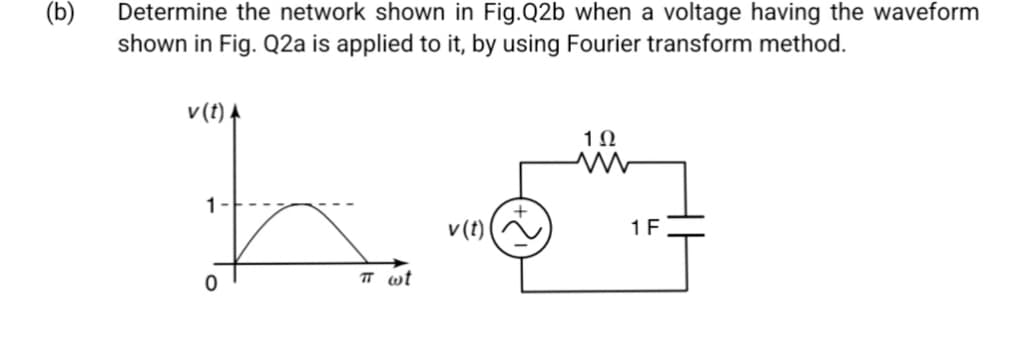 (b)
Determine the network shown in Fig.Q2b when a voltage having the waveform
shown in Fig. Q2a is applied to it, by using Fourier transform method.
v(t)
102
ww
h +
π wt
v(t)
1 F