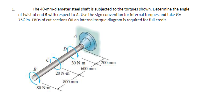 1.
The
40-mm-diameter
steel shaft is subjected to the torques shown. Determine the angle
of twist of end B with respect to A. Use the sign convention for internal torques and take G=
75GPa. FBDs of cut sections OR an internal torque diagram is required for full credit.
80 N-m
20 N-m
30 N-m
600 mm
800 mm
200 mm