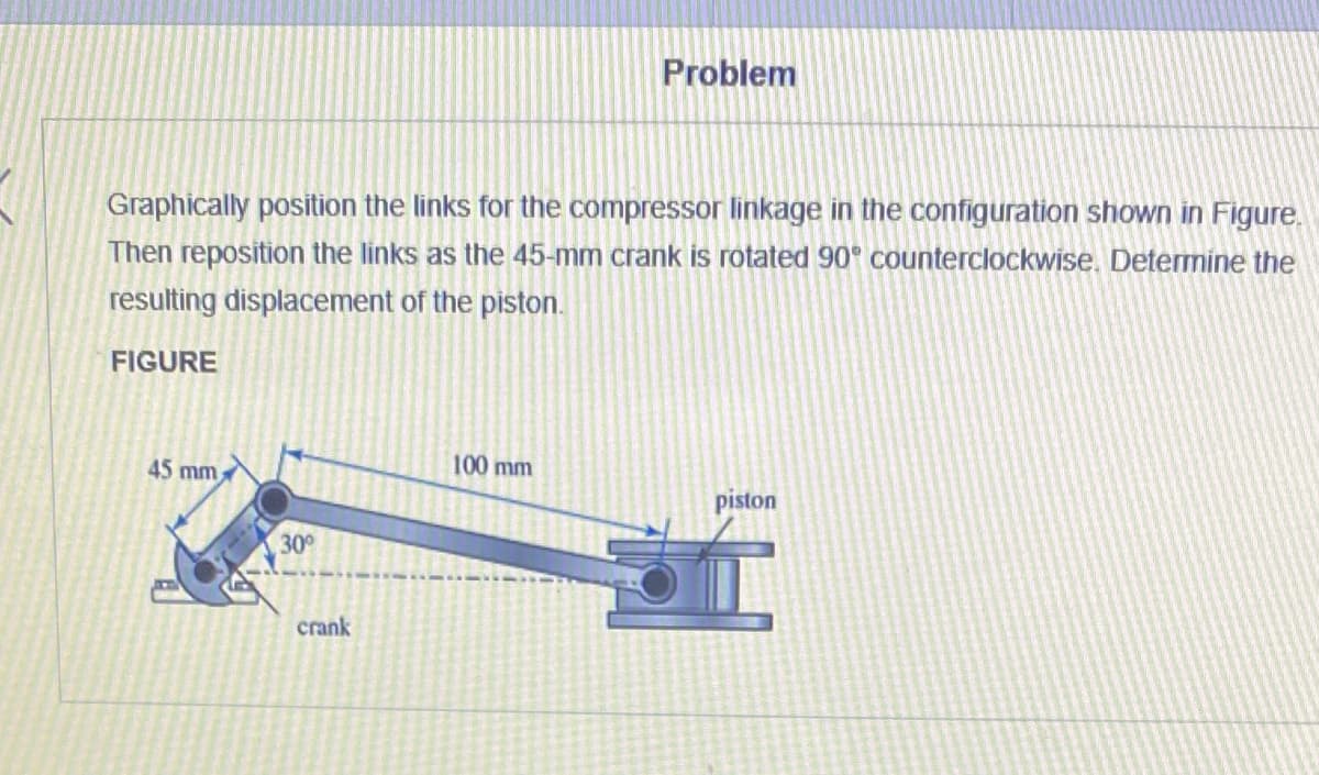 Problem
Graphically position the links for the compressor linkage in the configuration shown in Figure.
Then reposition the links as the 45-mm crank is rotated 90° counterclockwise. Determine the
resulting displacement of the piston.
FIGURE
45 mm
100 mm
piston
30
crank
