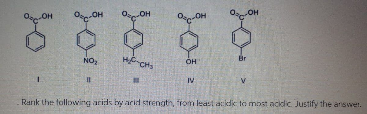 OOH
0=C-ОН
0 C-OH
0 C-OH
0-C-OH
Br
NO₂
H2C-CH3
ОН
.
11
IV
V
Rank the following acids by acid strength, from least acidic to most acidic. Justify the answer.