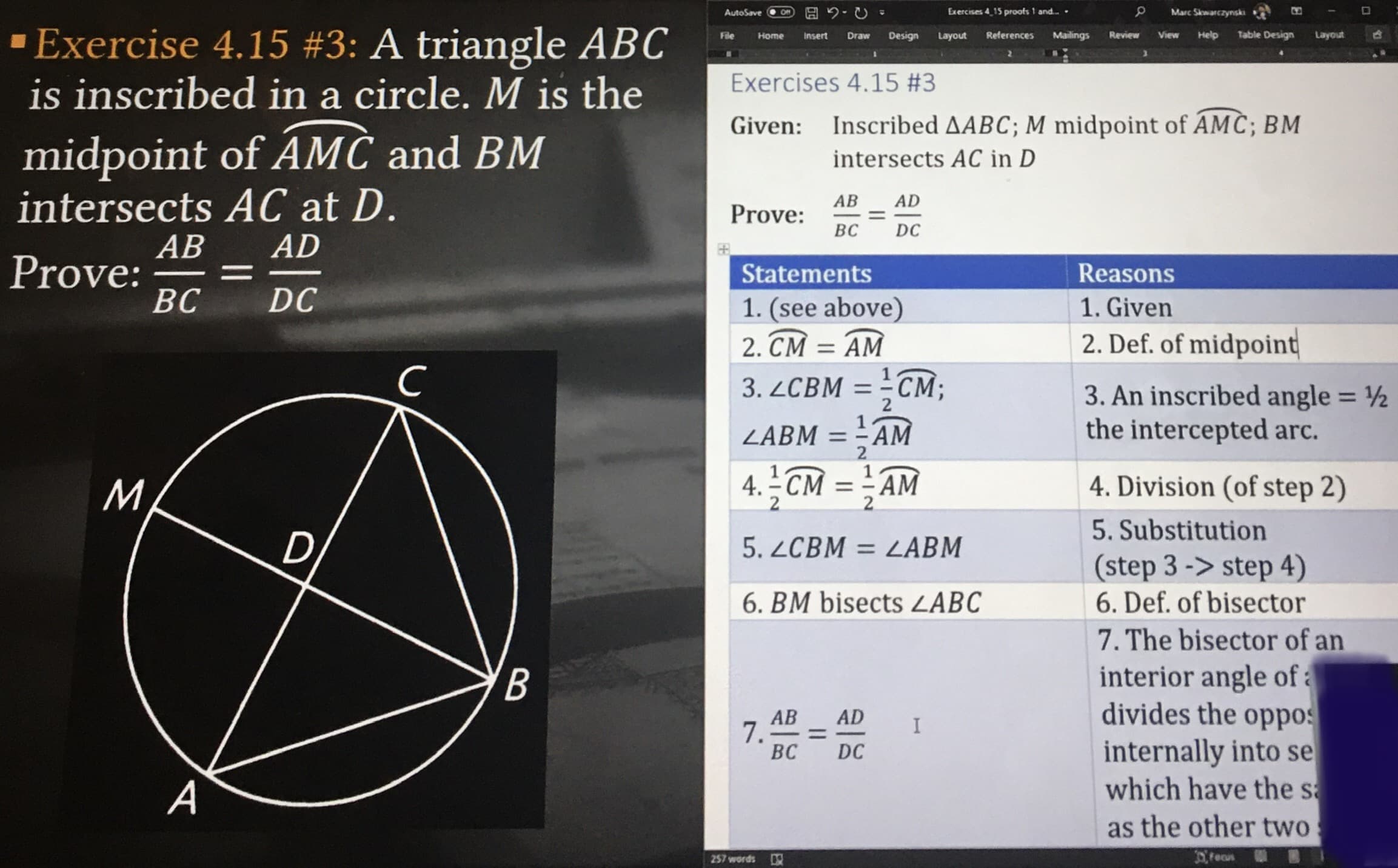 AutoSave
Exercises 4_15 proofs 1 and. .
Marc Skwarczynski
ON
Exercise 4.15 #3: A triangle ABC
is inscribed in a circle. M is the
midpoint of AMČ and BM
intersects AC at D.
File
Home
Insert
Draw
Design
Layout
References
Mailings
Review
View
Help
Table Design
Layout
1D
Exercises 4.15 #3
Given: Inscribed AABC; M midpoint of AMC; BM
intersects AC in D
AB AD
Prove:
%3D
BC
DC
AB
Prove:
BC
AD
Statements
Reasons
DC
1. (see above)
1. Given
2. CM = AM
2. Def. of midpoint
3. ZCBM = - CM;
3. An inscribed angle = ½
the intercepted arc.
%3D
%3D
ZABM =
AM
M.
4. - CM = - AM
4. Division (of step 2)
%3D
2.
5. Substitution
5. ZCBM = LABM
%3D
(step 3 -> step 4)
6. Def. of bisector
6. BM bisects ZABC
7. The bisector of an
interior angle of a
divides the oppos
internally into se
which have the sa
AB
7.
BC
AD
%3D
DC
as the other two
257 words
fecus
