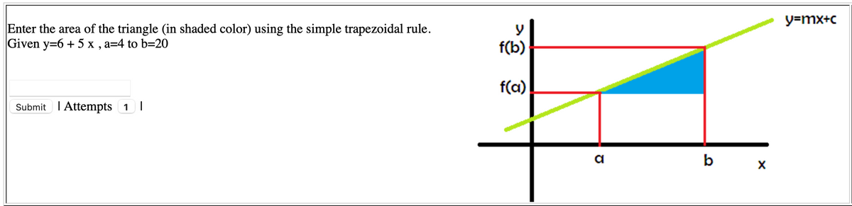 y=mx+c
Enter the area of the triangle (in shaded color) using the simple trapezoidal rule.
Given y=6 + 5 x , a=4 to b=20
f(b)
f(a)
Submit I Attempts 1I
a
b
