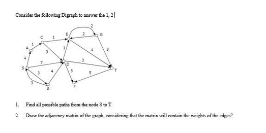 Consider the following Digraph to answer the 1, 2
1.
2.
C 1
3
4
S
3
5
G
3
Find all possible paths from the node S to T
Draw the adjacency matrix of the graph, considering that the matrix will contain the weights of the edges?