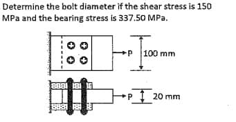 Determine the bolt diameter if the shear stress is 150
MPa and the bearing stress is 337.50 MPa.
p 100 mm
8881 B
I 20 mm
国町

