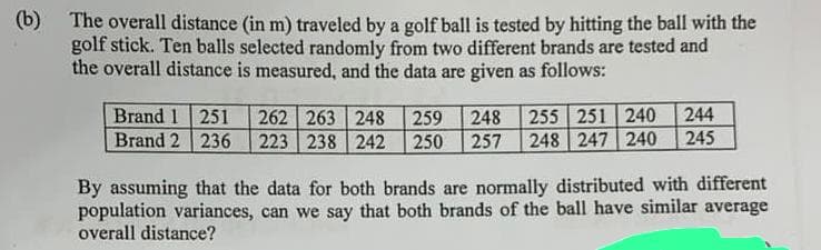 (b)
The overall distance (in m) traveled by a golf ball is tested by hitting the ball with the
golf stick. Ten balls selected randomly from two different brands are tested and
the overall distance is measured, and the data are given as follows:
244
Brand 1 251 262 263 248 259 248 255 251 240
Brand 2 236 223 238 242 250 257 248 247 240 245
By assuming that the data for both brands are normally distributed with different
population variances, can we say that both brands of the ball have similar average
overall distance?