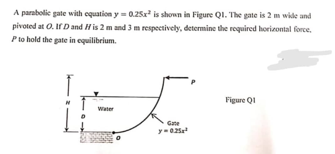 A parabolic gate with equation y = 0.25x? is shown in Figure Ql. The gate is 2 m wide and
pivoted at 0O. If D and H is 2 m and 3 m respectively, determine the required horizontal force,
P to hold the gate in equilibrium.
Figure Q1
Water
D
Gate
y = 0.25x?

