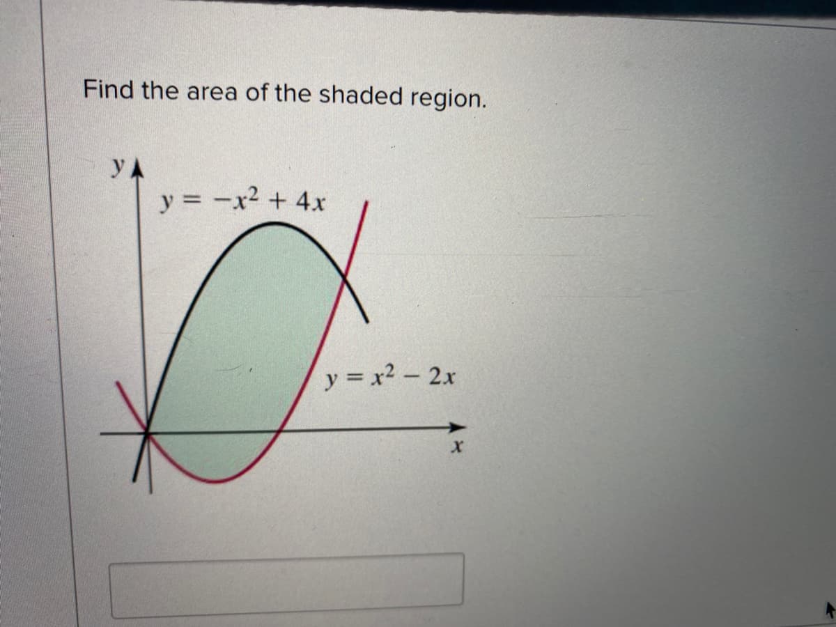 Find the area of the shaded region.
yA
y = -x2 + 4x
y = x2 - 2x
