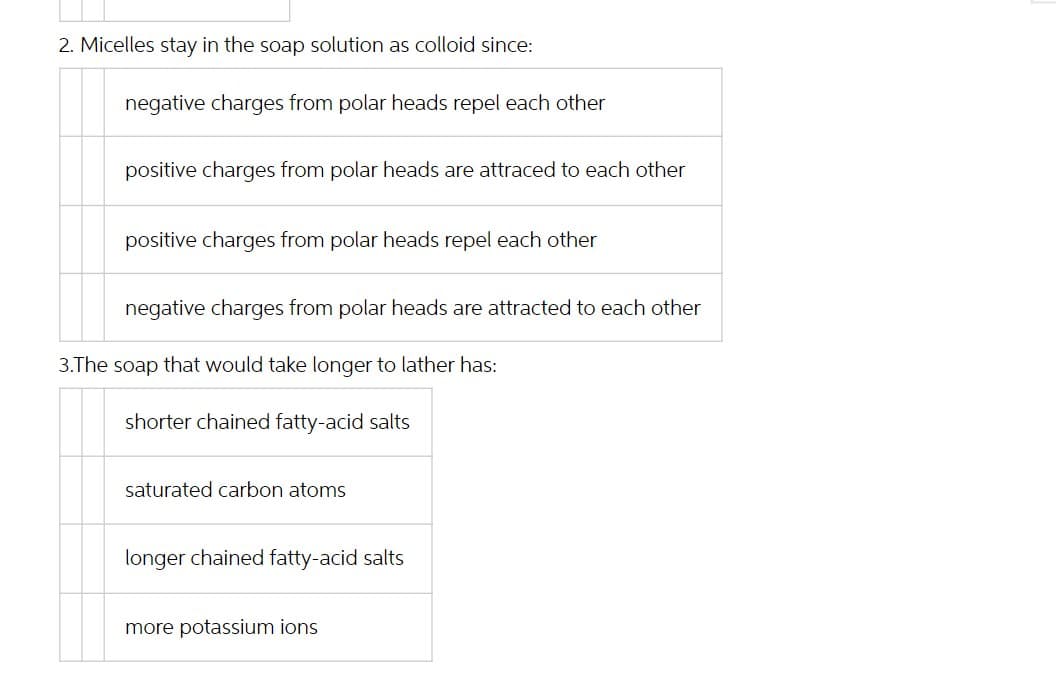 2. Micelles stay in the soap solution as colloid since:
negative charges from polar heads repel each other
positive charges from polar heads are attraced to each other
positive charges from polar heads repel each other
negative charges from polar heads are attracted to each other
3.The soap that would take longer to lather has:
shorter chained fatty-acid salts
saturated carbon atoms
longer chained fatty-acid salts
more potassium ions