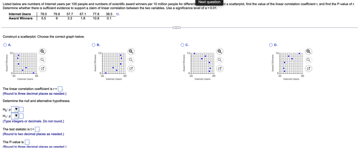 Listed below are numbers of Internet users per 100 people and numbers of scientific award winners per 10 million people for different Next question ct a scatterplot, find the value of the linear correlation coefficient r, and find the P-value of r.
Determine whether there is sufficient evidence to support a claim of linear correlation between the two variables. Use a significance level of α = 0.01.
Internet Users
79.8 57.7 67.1
77.8
38.5
78.0
5.5
9
Award Winners
3.3
1.8
10.8
0.1
...
Construct a scatterplot. Choose the correct graph below.
D.
O A.
+
Ⓡ
30
90
Internet Users
The linear correlation coefficient is r =
(Round to three decimal places as needed.)
Determine the null and alternative hypotheses.
Ho: P
H₁: P
(Type integers or decimals. Do not round.)
The test statistic is t =
0.
(Round to two decimal places as needed.)
The P-value is
(Round to three decimal places as needed.)
Award Winners
12-
0-
Award Winners
B.
12-
+++0
30
Internet Users
90
O C.
Award Winners
12-
0+
30
O
Internet Users
90
Award Winners
12-
0-
30
·
Internet Users
90