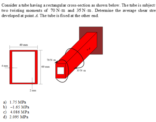 Consider a tube having a rectangular cross-section as shown below. The tube is subjecti
two twisting moments of 70 N-m and 35 N -m. Determine the average shear stre
developed at point A. The tube is fixed at the other end.
40 mm
70 N-m
4 mm
60 mm
5N-m
mm
a) 1.75 MPa
b) -1.65 MPa
c) 4.086 MPa
d) 2.095 MPa
