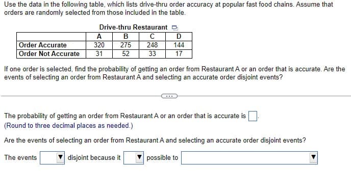 Use the data in the following table, which lists drive-thru order accuracy at popular fast food chains. Assume that
orders are randomly selected from those included in the table.
Order Accurate
Order Not Accurate
Drive-thru Restaurant
C
248
33
A
320
31
B
275
52
D
144
17
If one order is selected, find the probability of getting an order from Restaurant A or an order that is accurate. Are the
events of selecting an order from Restaurant A and selecting an accurate order disjoint events?
The probability of getting an order from Restaurant A or an order that is accurate is
(Round to three decimal places as needed.)
Are the events of selecting an order from Restaurant A and selecting an accurate order disjoint events?
The events
disjoint because it
possible to