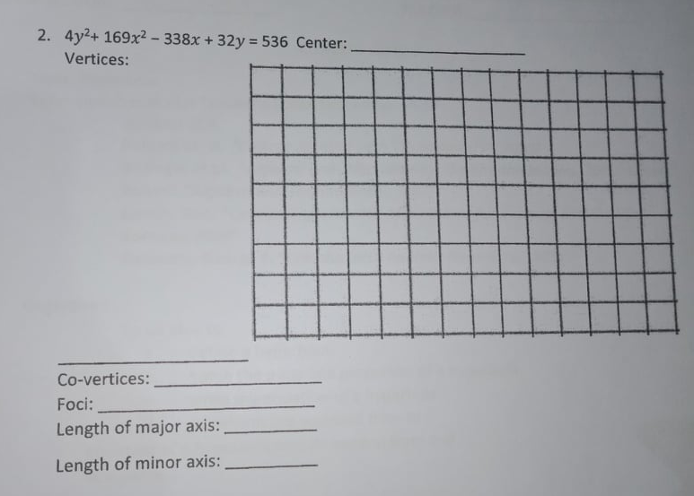 2. 4y2+ 169x? - 338x +
32y = 536 Center:
Vertices:
Co-vertices:
Foci:
Length of major axis:
Length of minor axis:
