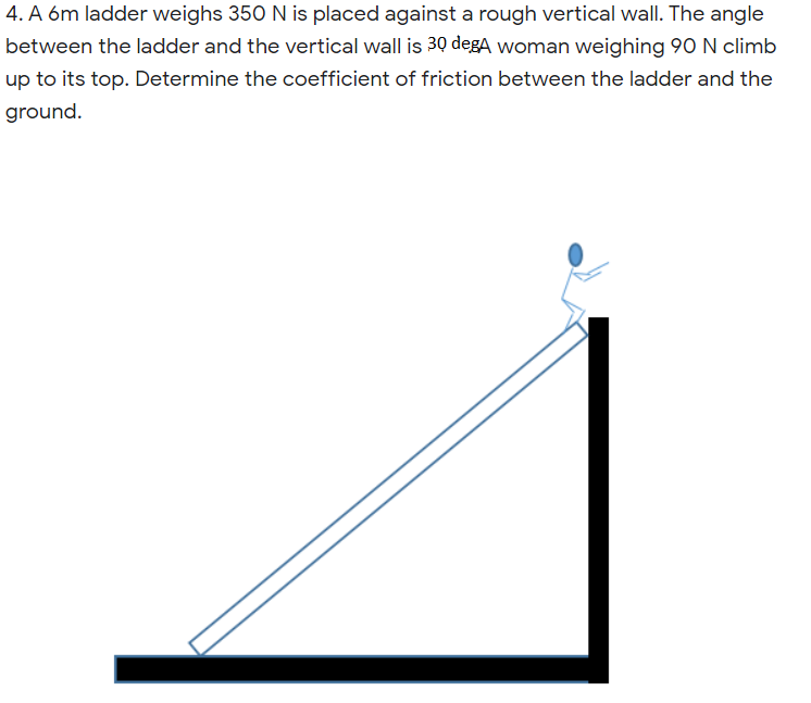 4. A 6m ladder weighs 350 N is placed against a rough vertical wall. The angle
between the ladder and the vertical wall is 30 degA woman weighing 90 N climb
up to its top. Determine the coefficient of friction between the ladder and the
ground.
