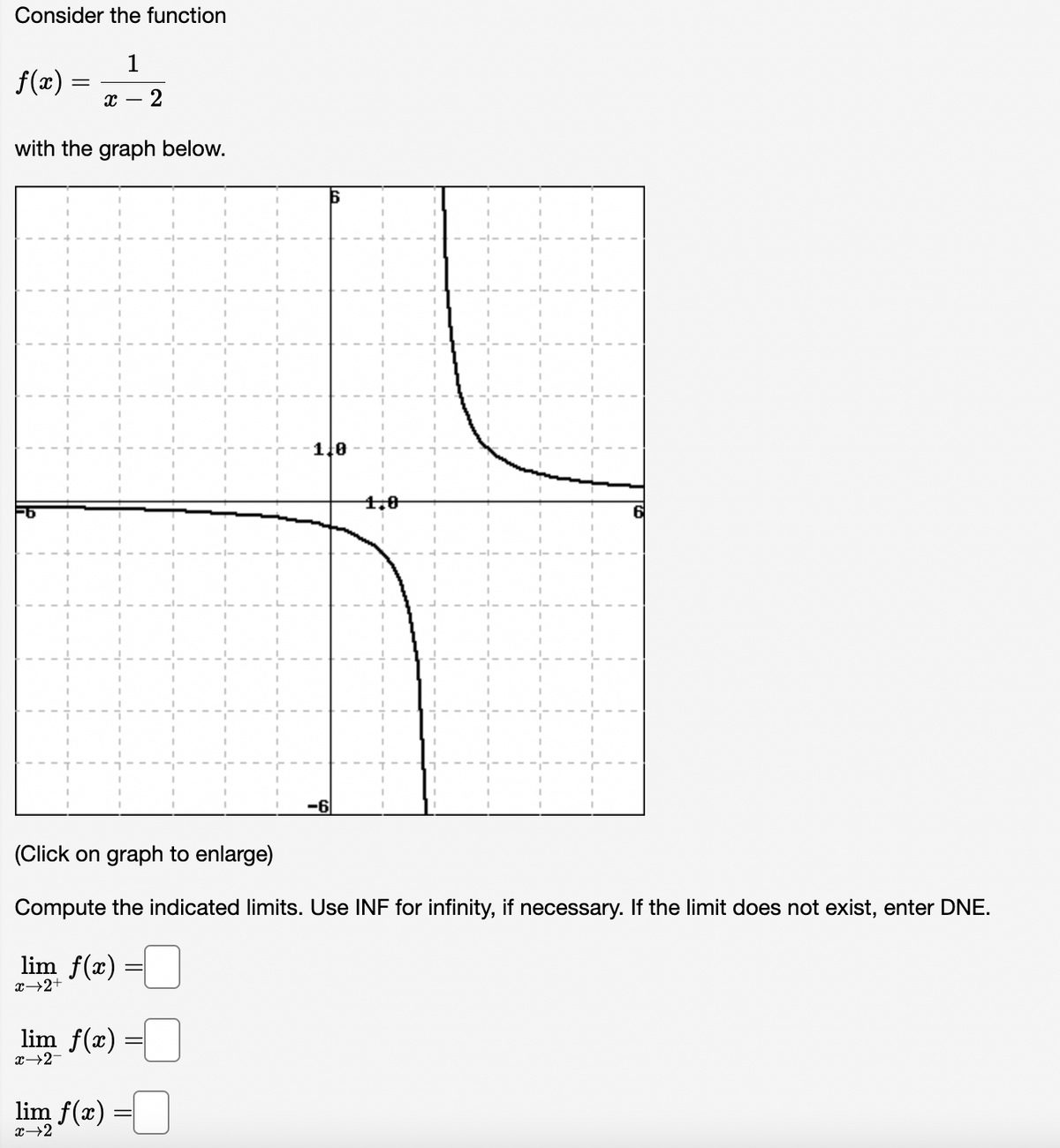 Consider the function
1
X- 2
f(x)
=
with the graph below.
(Click on graph to enlarge)
Compute the indicated limits. Use INF for infinity, if necessary. If the limit does not exist, enter DNE.
lim f(x)
x→2+
lim f(x)
x→2-
-
-110
lim f(x) =