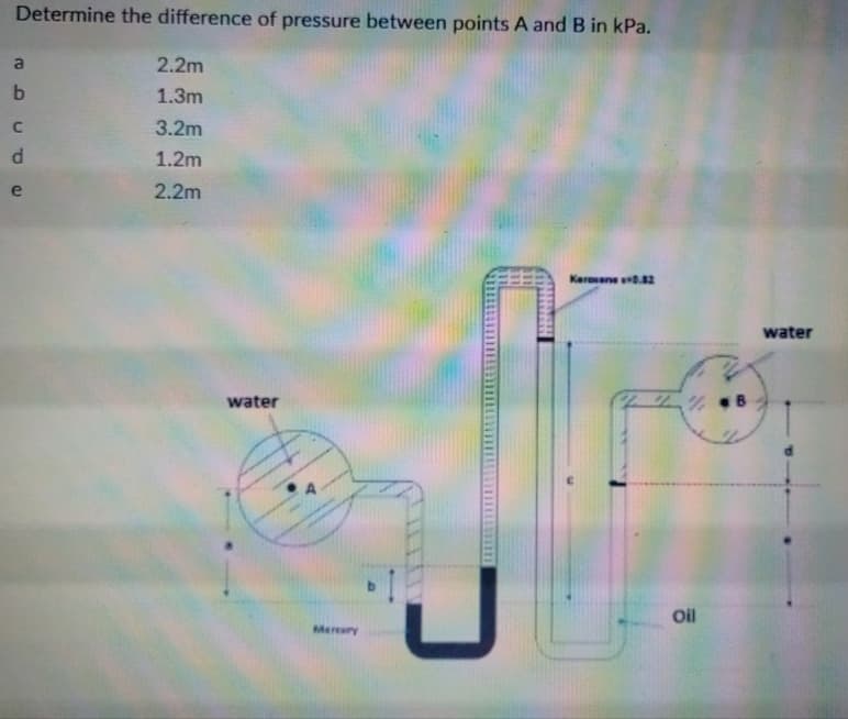 Determine the difference of pressure between points A and B in kPa.
a
2.2m
1.3m
3.2m
d
1.2m
e
2.2m
Keroene D.82
water
water
Oil
Mereary
