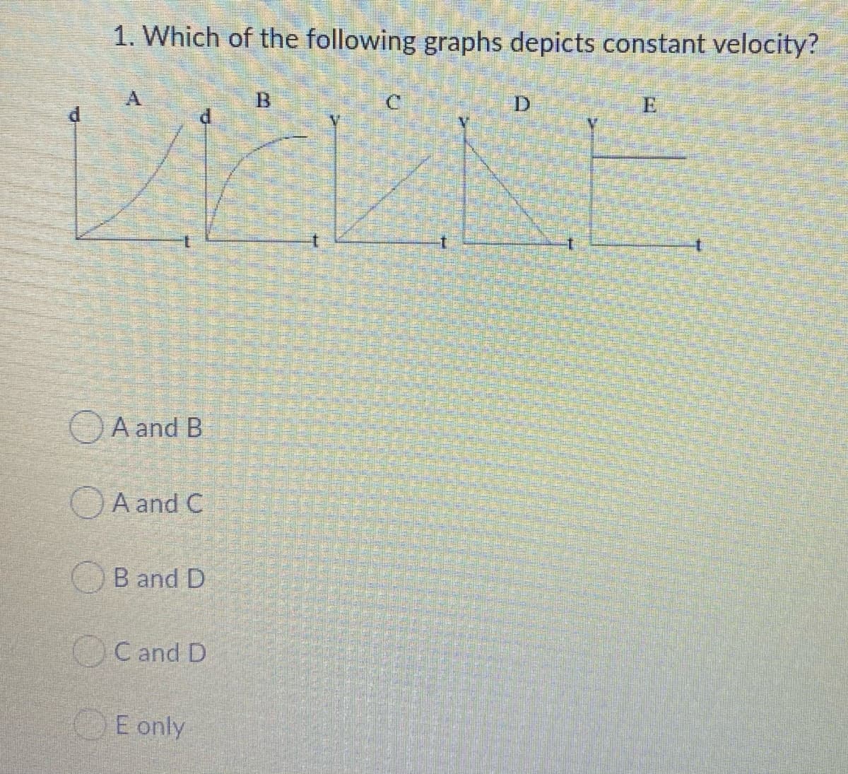 1. Which of the following graphs depicts constant velocity?
B.
OA and B
A and C
B and D
OC and D
E only
