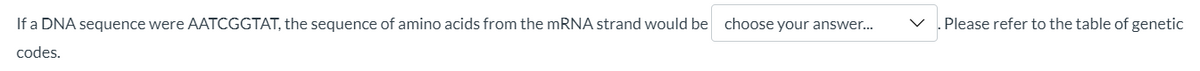If a DNA sequence were AATCGGTAT, the sequence of amino acids from the mRNA strand would be choose your answer...
codes.
Please refer to the table of genetic