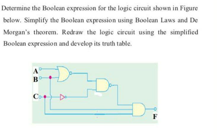 Determine the Boolean expression for the logic circuit shown in Figure
below. Simplify the Boolean expression using Boolean Laws and De
Morgan's theorem. Redraw the logic circuit using the simplified
Boolean expression and develop its truth table.
A
B
Co-
F
