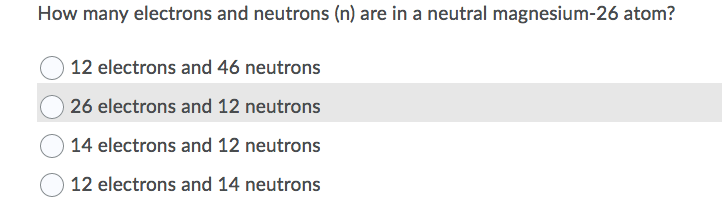 How many electrons and neutrons (n) are in a neutral magnesium-26 atom?
