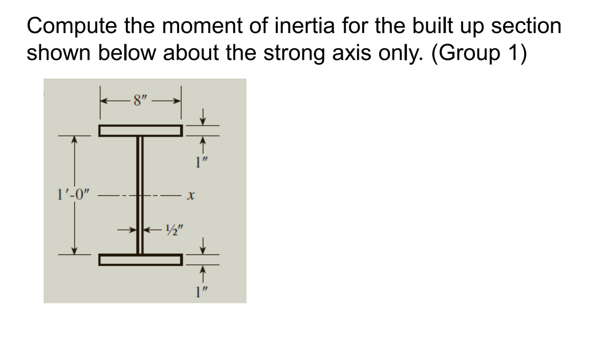 Compute the moment of inertia for the built up section
shown below about the strong axis only. (Group 1)
8"
1"
1'-0"
1"

