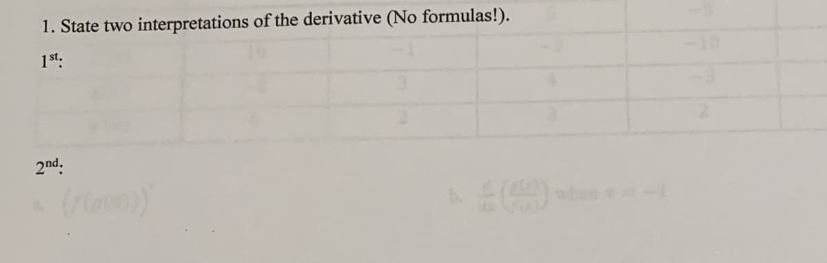 1. State two interpretations of the derivative (No formulas!).
1st:
2nd.
b.
