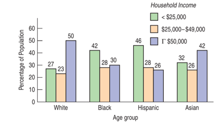 Household Income
< $25,000
60
| $25,000–$49,000
50
I $50,000
42
50
46
42
40
32
27
23
28 30
28
26
30
126
20
10
White
Black
Hispanic
Asian
Age group
Percentage of Population
