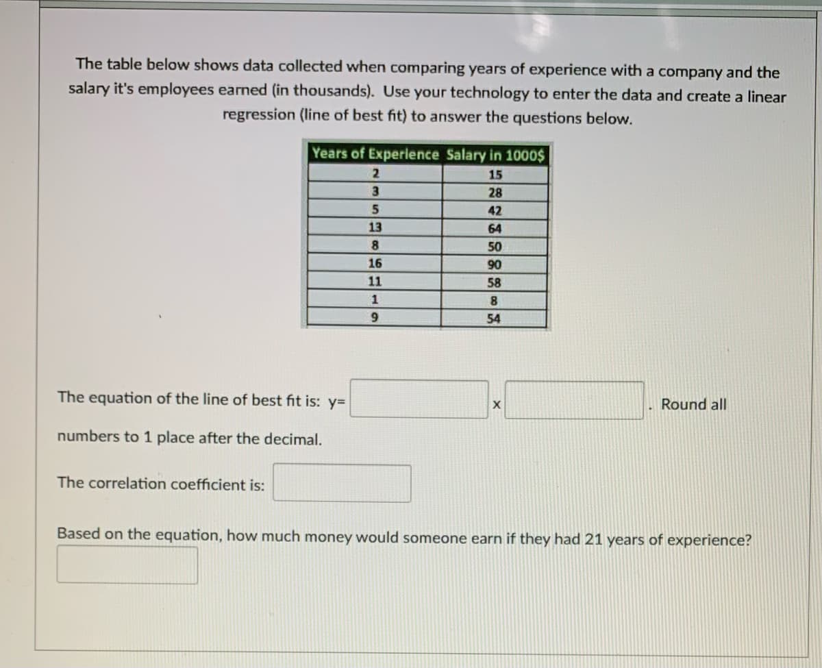 The table below shows data collected when comparing years of experience with a company and the
salary it's employees earned (in thousands). Use your technology to enter the data and create a linear
regression (line of best fit) to answer the questions below.
Years of Experience Salary in 1000$
15
3
28
42
13
64
8.
50
16
06
58
11
8.
54
The equation of the line of best fit is: y=
Round all
numbers to 1 place after the decimal.
The correlation coefficient is:
Based on the equation, how much money would someone earn if they had 21 years of experience?
