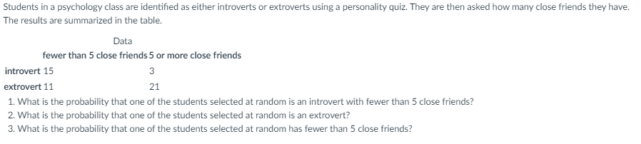 Students in a psychology class are identified as either introverts or extroverts using a personality quiz. They are then asked how many close friends they have.
The results are summarized in the table.
Data
fewer than 5 close friends 5 or more close friends
introvert 15
3
extrovert 11
21
1. What is the probability that one of the students selected at random is an introvert with fewer than 5 close friends?
2. What is the probability that one of the students selected at random is an extrovert?
3. What is the probability that one of the students selected at random has fewer than 5 close friends?
