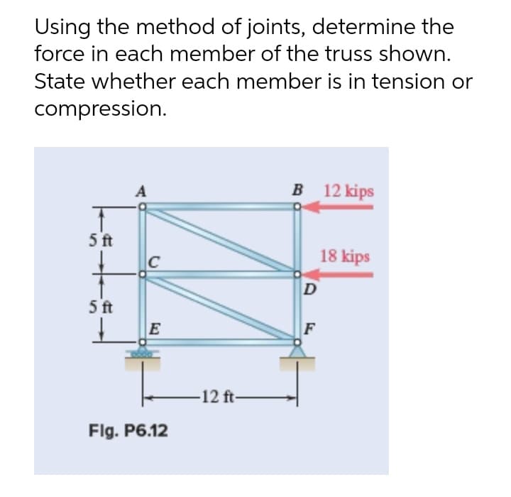 Using the method of joints, determine the
force in each member of the truss shown.
State whether each member is in tension or
compression.
A
в 12 kips
5 ft
C
18 kips
D
5 ft
E
-12 ft-
Flg. P6.12
