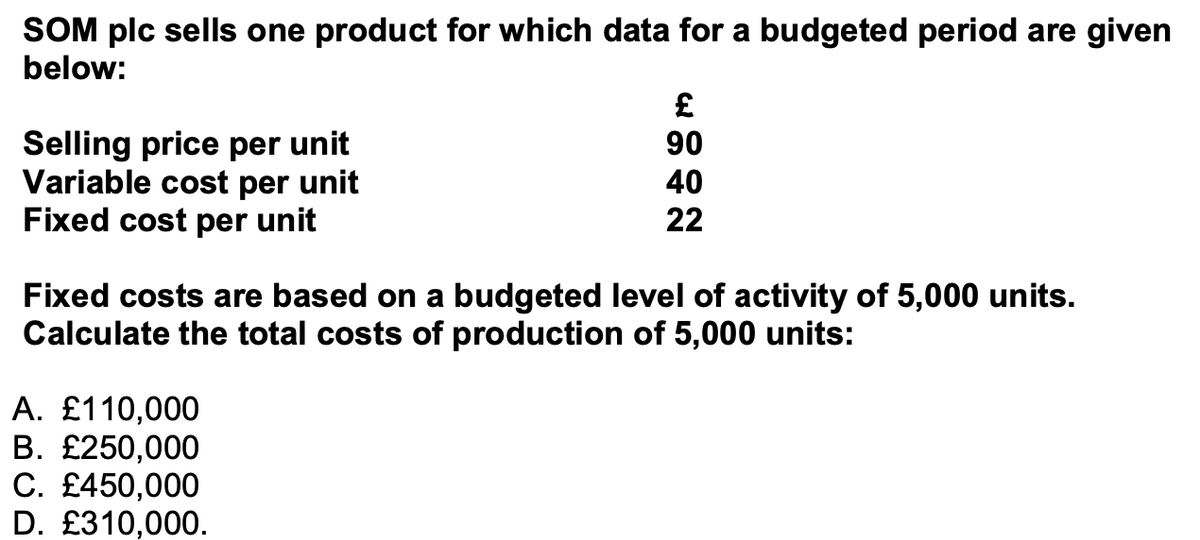 SOM plc sells one product for which data for a budgeted period are given
below:
Selling price per unit
Variable cost per unit
Fixed cost per unit
£
90
40
22
Fixed costs are based on a budgeted level of activity of 5,000 units.
Calculate the total costs of production of 5,000 units:
A. £110,000
B. £250,000
C. £450,000
D. £310,000.