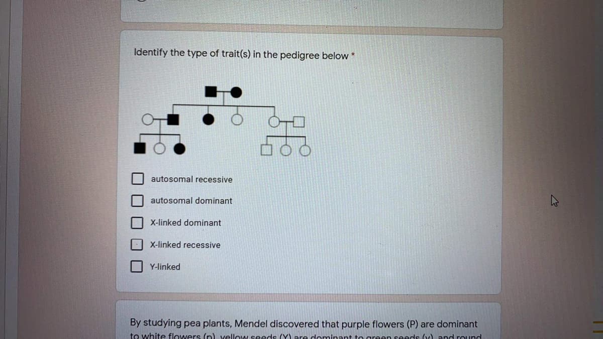 Identify the type of trait(s) in the pedigree below *
autosomal recessive
autosomal dominant
X-linked dominant
X-linked recessive
Y-linked
By studying pea plants, Mendel discovered that purple flowers (P) are dominant
to white flowers (p) vellow seeds (Y) are dominant to green seeds () and round
