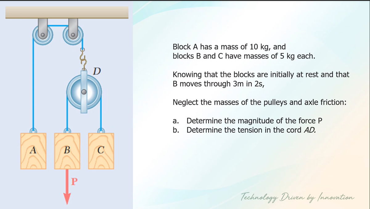 Block A has a mass of 10 kg, and
blocks B and C have masses of 5 kg each.
D
Knowing that the blocks are initially at rest and that
B moves through 3m in 2s,
Neglect the masses of the pulleys and axle friction:
a. Determine the magnitude of the force P
b. Determine the tension in the cord AD.
AAA
B
C
Technology Driven by (nnovation
