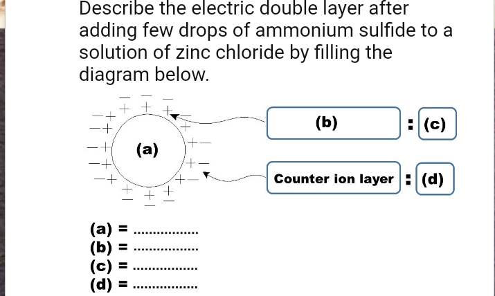 Describe the electric double layer after
adding few drops of ammonium sulfide to a
solution of zinc chloride by filling the
diagram below.
(b)
: (c)
(a)
Counter ion layer : (d)
(a)
(b)
(d)
...
.........
II || || ||
