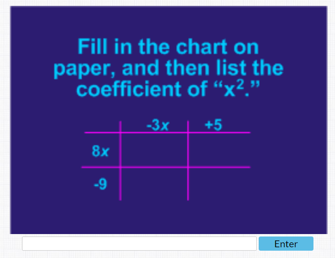 Fill in the chart on
paper, and then list the
coefficient of "x²."
8x
-9
-3x
+5
Enter