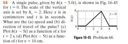 68 A single pulse, given by h(x - 5.01), is shown in Fig. 16-45
for t = 0. The scale of the vertical
axis is set by h, = 2. Here x is in
centimeters and t is in seconds.
What are the (a) speed and (b) di-
rection of travel of the pulse? (c)
Plot h(x – 5t) as a function of x for
1 = 2 s. (d) Plot h(xr – 5t) as a func-
tion of t for x = 10 cm.
%3D
%3!
t= 0
Figure 16-45 Problem 68.
