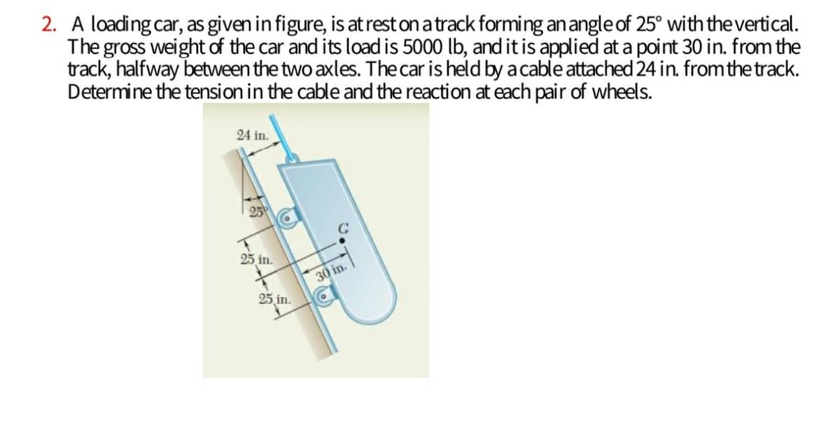 2. A loading car, as given in figure, is at rest on a track forming an angle of 25° with the vertical.
The gross weight of the car and its load is 5000 lb, and it is applied at a point 30 in. from the
track, halfway between the two axles. The car is held by a cable attached 24 in. fromthe track.
Determine the tension in the cable and the reaction at each pair of wheels.
24 in.
25
25 in.
30 in.
25 in.
