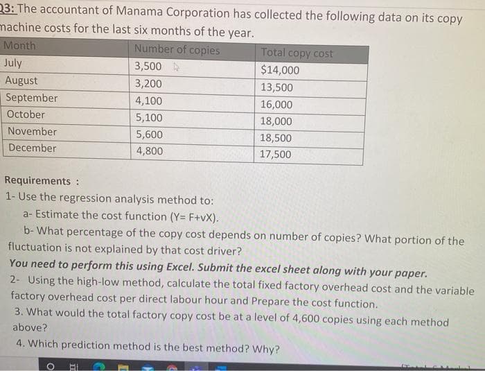 23: The accountant of Manama Corporation has collected the following data on its copy
machine costs for the last six months of the year.
Month
Number of copies
Total copy cost
$14,000
July
3,500
August
3,200
13,500
September
4,100
16,000
October
5,100
18,000
November
5,600
18,500
December
4,800
17,500
Requirements :
1- Use the regression analysis method to:
a- Estimate the cost function (Y= F+vX).
b- What percentage of the copy cost depends on number of copies? What portion of the
fluctuation is not explained by that cost driver?
You need to perform this using Excel. Submit the excel sheet along with your paper.
2- Using the high-low method, calculate the total fixed factory overhead cost and the variable
factory overhead cost per direct labour hour and Prepare the
3. What would the total factory copy cost be at a level of 4,600 copies using each method
function.
above?
4. Which prediction method is the best method? Why?
