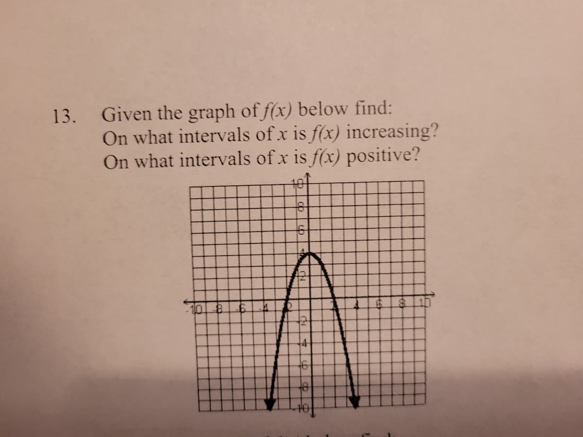 13. Given the graph of f(x) below find:
On what intervals of x is f(x) increasing?
On what intervals of x is f(x) positive?
10
10
