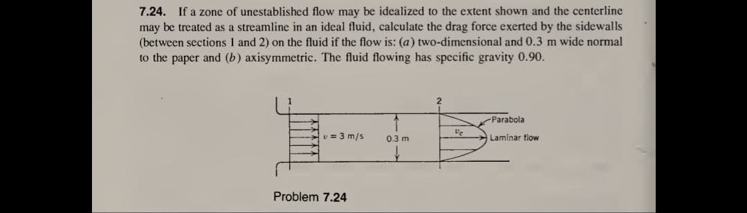 7.24. If a zone of unestablished flow may be idealized to the extent shown and the centerline
may be treated as a streamline in an ideal fluid, calculate the drag force exerted by the sidewalls
(between sections 1 and 2) on the fluid if the flow is: (a) two-dimensional and 0.3 m wide normal
to the paper and (b) axisymmetric. The fluid flowing has specific gravity 0.90.
v = 3 m/s
Problem 7.24
0.3 m
2
Uc
Parabola
Laminar flow