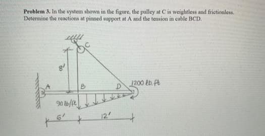 Problem 3. In the system shown in the figure, the pulley at C is weightless and frictionless.
Determine the reactions at pinned support at A and the tension in cable BCD.
D 1200 eb. ft
6'
12
