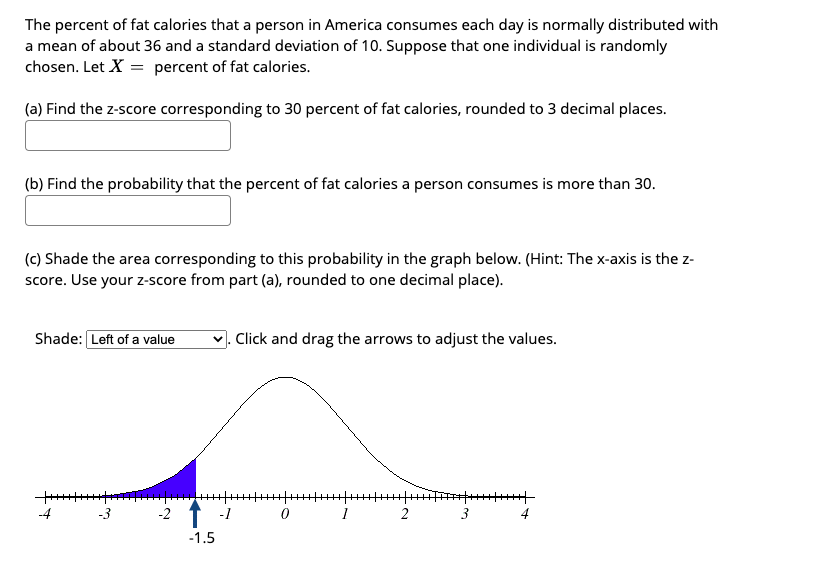 The percent of fat calories that a person in America consumes each day is normally distributed with
a mean of about 36 and a standard deviation of 10. Suppose that one individual is randomly
chosen. Let X = percent of fat calories.
(a) Find the z-score corresponding to 30 percent of fat calories, rounded to 3 decimal places.
(b) Find the probability that the percent of fat calories a person consumes is more than 30.
(c) Shade the area corresponding to this probability in the graph below. (Hint: The x-axis is the z-
score. Use your z-score from part (a), rounded to one decimal place).
Shade: Left of a value
Click and drag the arrows to adjust the values.
-4
-3
-2 1 -1
3
-1.5
