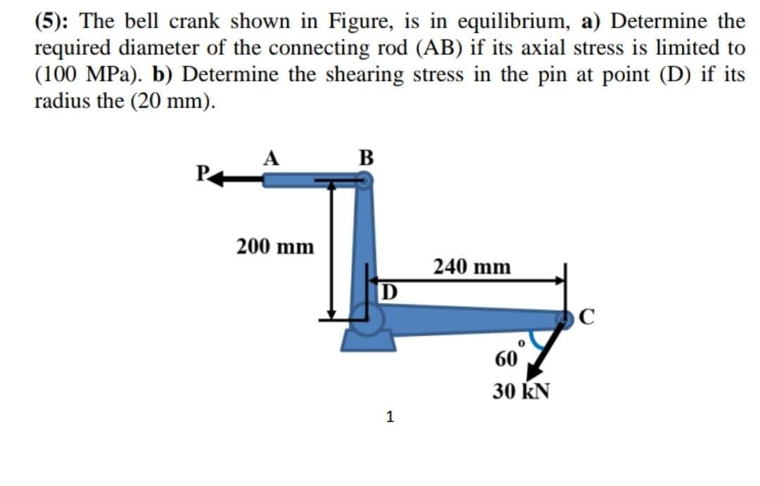 (5): The bell crank shown in Figure, is in equilibrium, a) Determine the
required diameter of the connecting rod (AB) if its axial stress is limited to
(100 MPa). b) Determine the shearing stress in the pin at point (D) if its
radius the (20 mm).
B
200 mm
240 mm
D
60
30 KN
1
