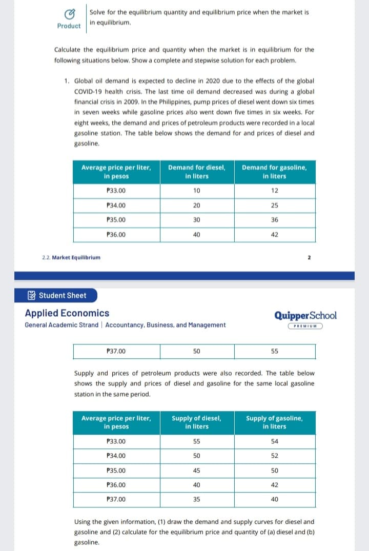Solve for the equilibrium quantity and equilibrium price when the market is
in equilibrium.
Product
Calculate the equilibrium price and quantity when the market is in equilibrium for the
following situations below. Show a complete and stepwise solution for each problem.
1. Global oil demand is expected to decline in 2020 due to the effects of the global
COVID-19 health crisis. The last time oil demand decreased was during a global
financial crisis in 2009. In the Philippines, pump prices of diesel went down six times
in seven weeks while gasoline prices also went down five times in six weeks. For
eight weeks, the demand and prices of petroleum products were recorded in a local
gasoline station. The table below shows the demand for and prices of diesel and
gasoline.
Demand for gasoline,
in liters
Average price per liter,
Demand for diesel,
in pesos
in liters
P33.00
10
12
P34.00
20
25
P35.00
30
36
P36.00
40
42
2.2. Market Equilibrium
2 Student Sheet
Applied Economics
Quipper School
General Academic Strand Accountancy, Business, and Management
PREMIUM
P37.00
50
55
Supply and prices of petroleum products were also recorded. The table below
shows the supply and prices of diesel and gasoline for the same local gasoline
station in the same period.
Supply of diesel,
in liters
Supply of gasoline,
in liters
Average price per liter,
in pesos
P33.00
55
54
P34.00
50
52
P35.00
45
50
P36.00
40
42
P37.00
35
40
Using the given information, (1) draw the demand and supply curves for diesel and
gasoline and (2) calculate for the equilibrium price and quantity of (a) diesel and (b)
gasoline.
