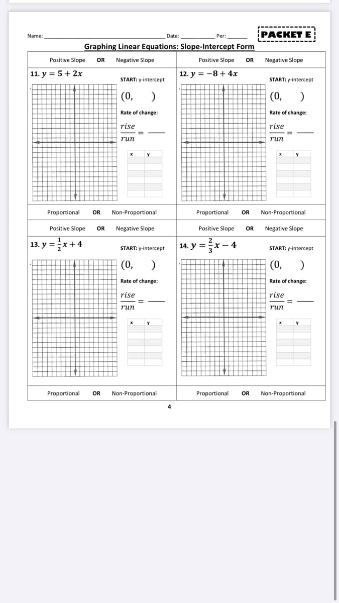 РАСКEТ Е
Name:
Date:
Per:
Graphing Linear Equations: Slope-Intercept Form
Positive Slope
OR
Negative Slope
Positive Slope
OR
Negative Slope
11. y = 5 + 2x
12. y = -8 + 4x
START: y-intercept
START: y-intercept
(0,
(0,
Rate of change:
Rate of change:
rise
rise
run
run
Proportional
OR
Non-Proportional
Proportional
OR
Non-Proportional
Positive Slope
OR
Negative Slope
Positive Slope
OR
Negative Slope
13. y = x+4
2
14. y = x – 4
у %3D
3
START: y-intercept
START: y-intercept
(0,
(0,
Rate of change:
Rate of change:
rise
rise
%3D
run
run
Proportional
OR
Non-Proportional
Proportional
OR Non-Proportional
4
