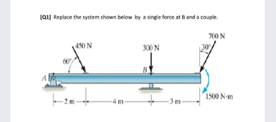 (Q1) Replace the system shown below by a single force at B and a couple.
700 N
450 N
300 N
60
B
1500 N-m
-4 m
- 3 m-
