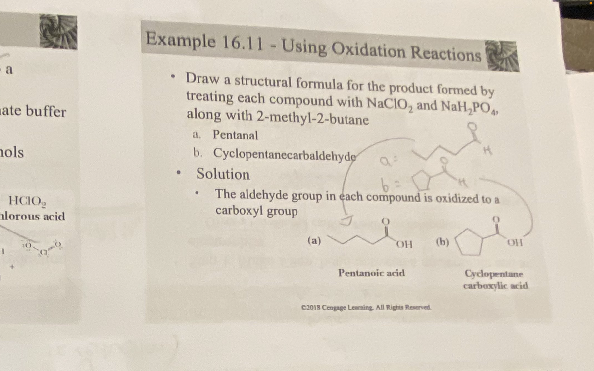 a
ate buffer
hols
HCIOg
hlorous acid
11
Example 16.11 -Using Oxidation Reactions
Draw a structural formula for the product formed by
treating each compound with NaClO₂ and NaH₂PO4)
along with 2-methyl-2-butane
a. Pentanal
b. Cyclopentanecarbaldehyde
Solution
b
The aldehyde group in each compound is oxidized to a
carboxyl group
(a)
OH
Pentanoic acid
C2018 Cengage Learning. All Rights Reserved.
(b)
H
OH
Cyclopentane
carboxylic acid